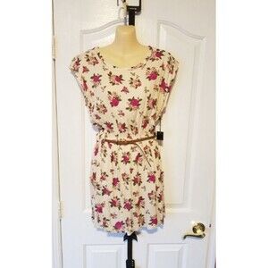Forever 21 Floral Mini Dress Womens Small Pink Cream Pocket Belt Deadstock Boho